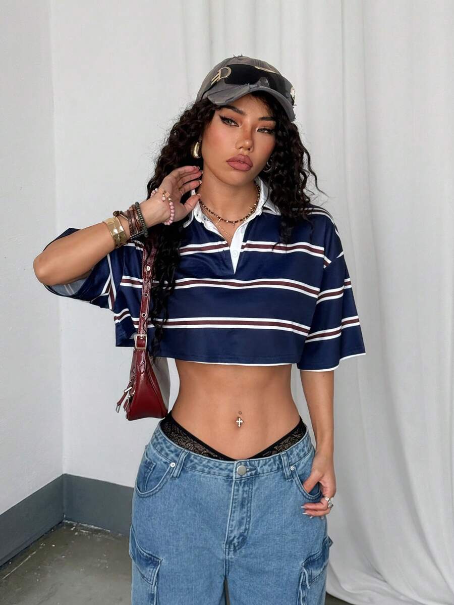 Paris&Fifth™| Women’s Striped Contrast Polo Tee