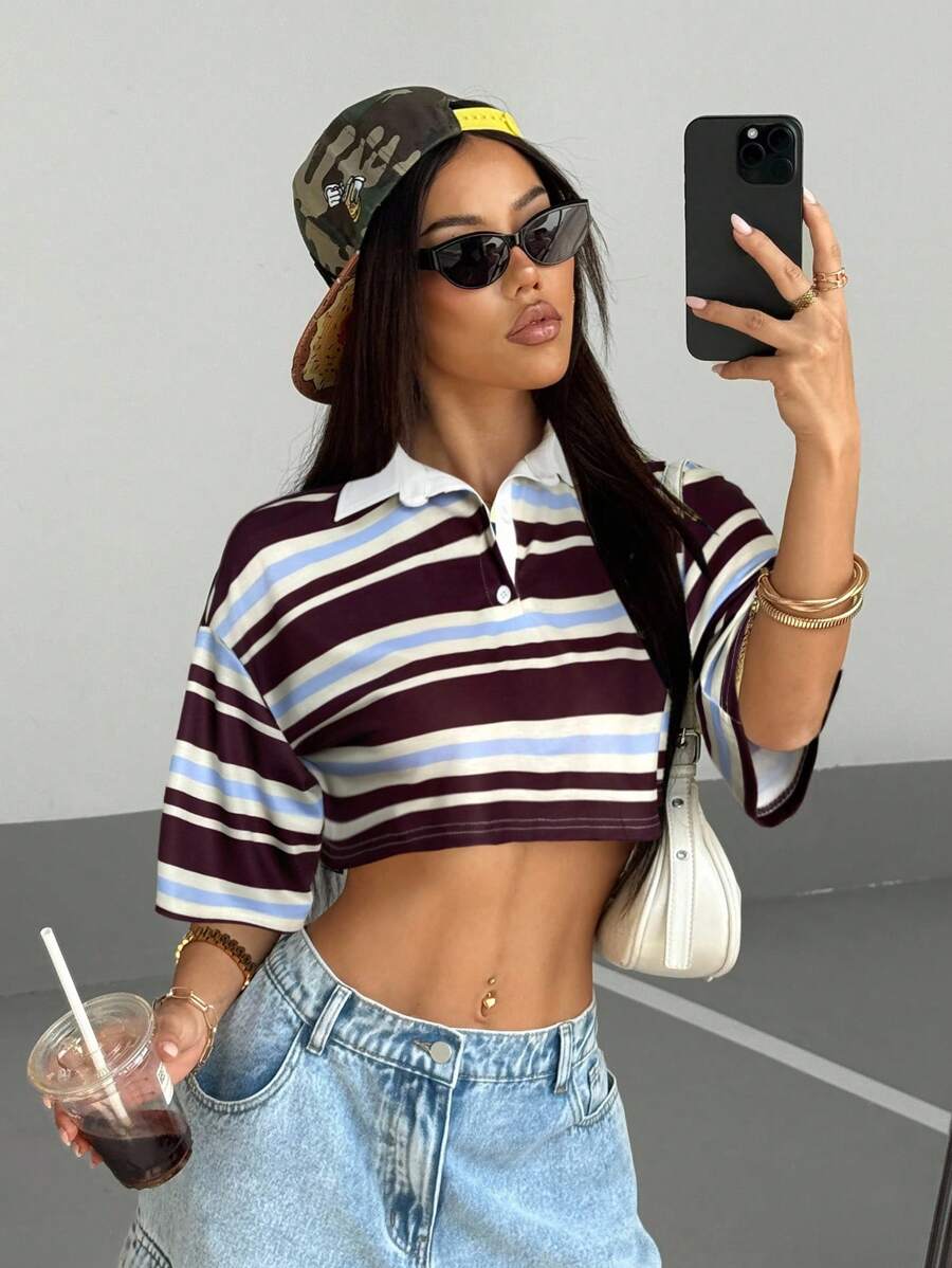 Paris&Fifth™| Women’s Striped Contrast Polo Tee